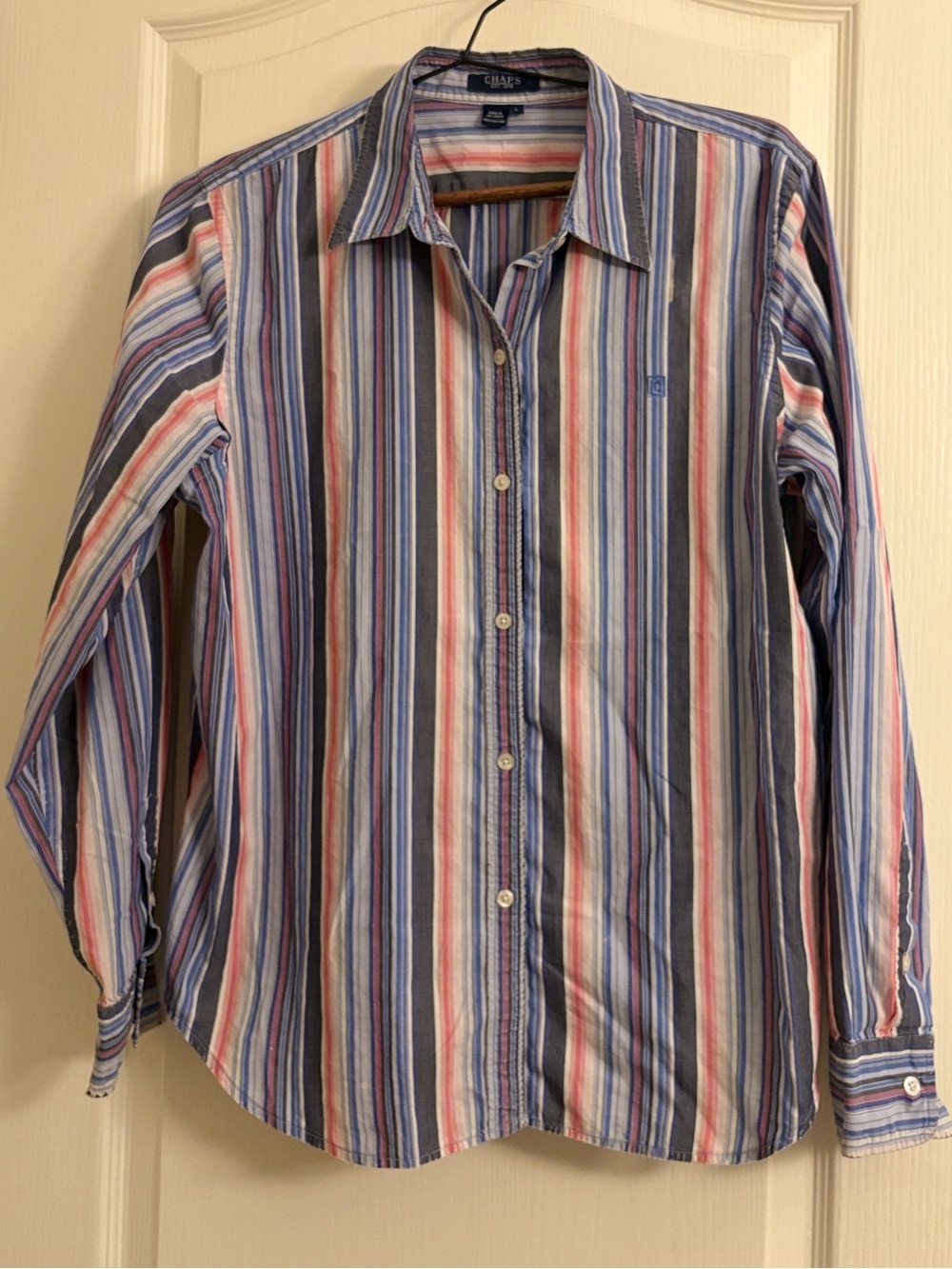Chaps Vintage Multi-Color Striped Button Down Shirt L w/ stitching flaw SEE PICS